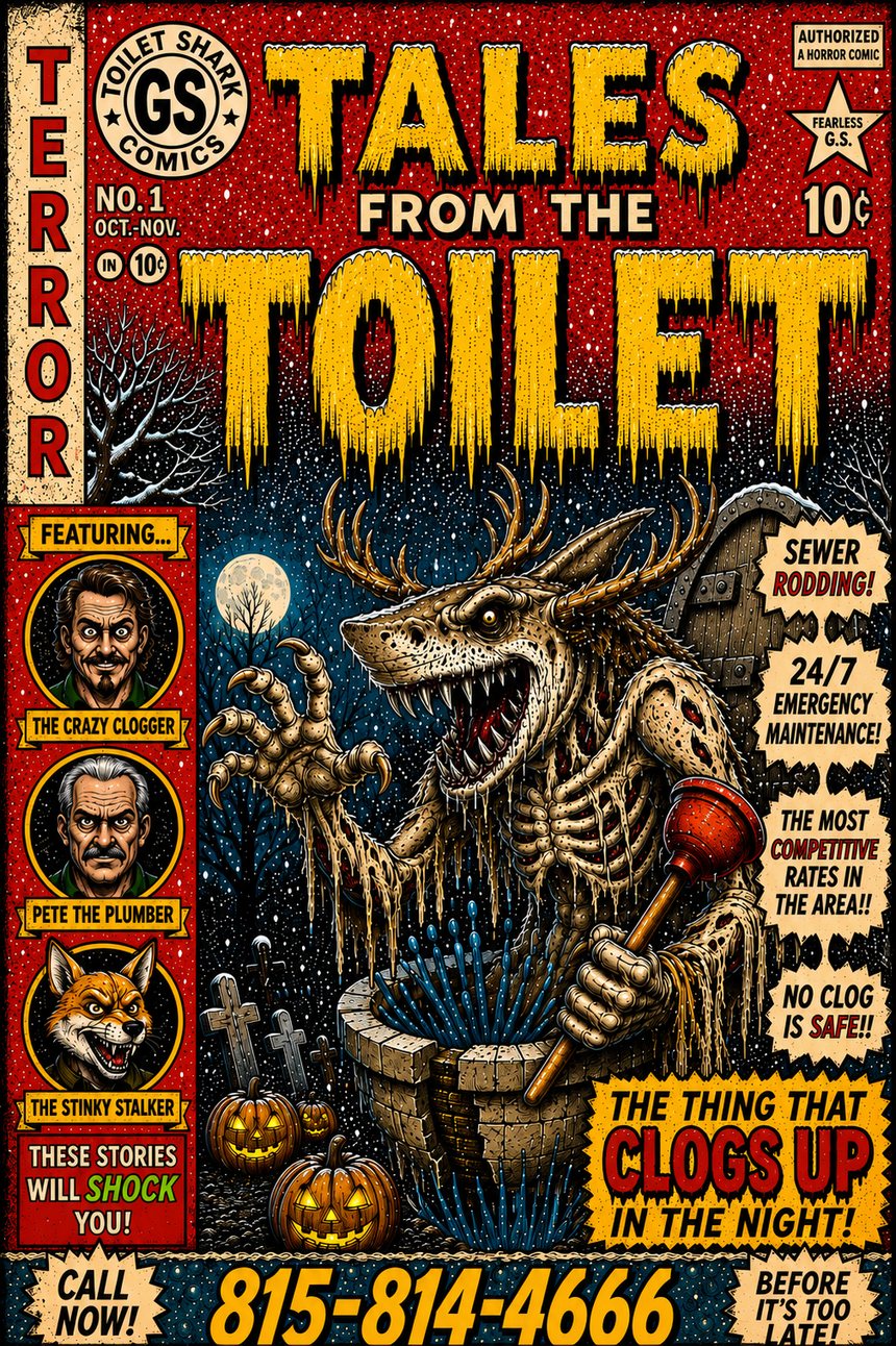 Tales from the Toilet - Toilet Shark Comics No. 1, a vintage horror-comic cover